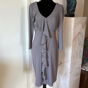 Suzi Chin Taupe Fitted Long Sleeve Ruffle Dress 6 EUC